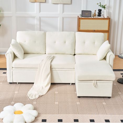 Divano angolare con funzione letto e contenitore in chenille beige 206x130x85 cm reversibile OKWISH (1/5)
