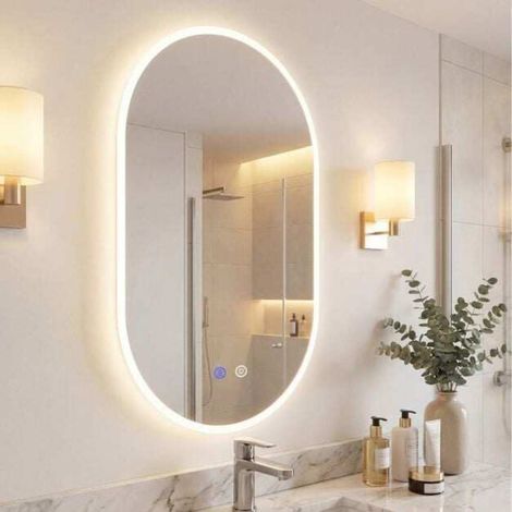 Miroir salle de bain LED 90 x 55 cm, 3 couleurs, antibuée et variateur, pour maquillage et toilette (1/5)