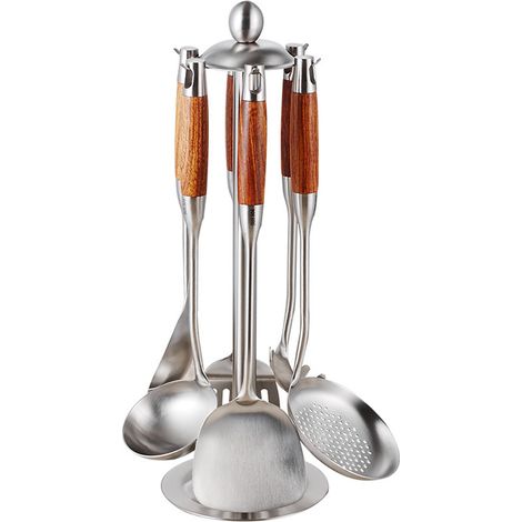 4 Pièces Ustensiles de cuisine, Cuillère en bois, Louche inox 304, Spatule, Passoire, Usage domestique (1/5)