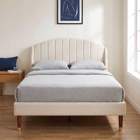 Letto matrimoniale per adulti 140x190 cm con rete, testiera imbottita, velluto, stile moderno, beige (1/5)