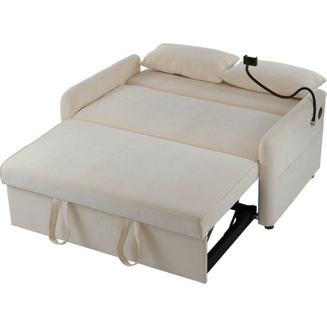 Sofá cama doble plegable de chenilla beige con USB y soporte para smartphone (1/5)