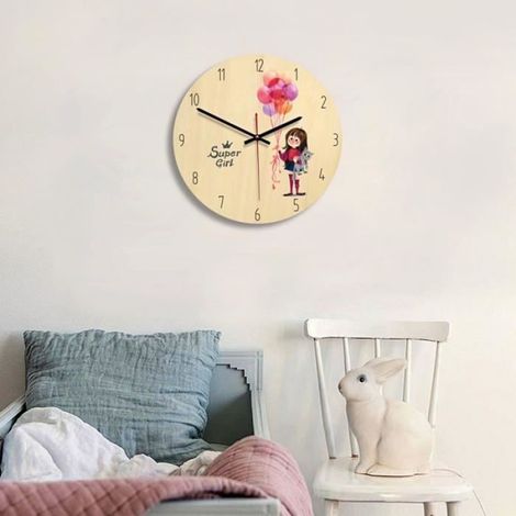 Horloge Murale en Bois Dessin Animé Créatif Silencieuse pour Filles Chambre à Coucher d'enfant,Salon,Cuisine,Salle à Manger décor (1/4)