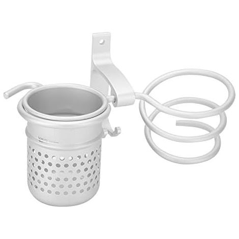 Supporto per asciugacapelli con ripiano portaoggetti, supporto per asciugacapelli da parete con fori preforati, supporto per telefono da parete per piastra per capelli, colore bianco (1/5)