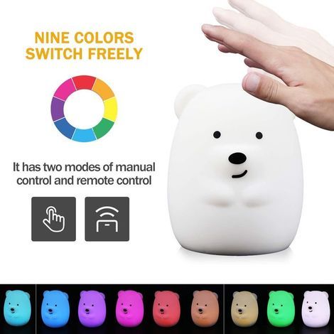 Veilleuse bébé,veilleuse enfant silicone USB LED veilleuse lampe de chevet enfants lampe de nuit tactile dimmable avec télécommande 9 couleurs lumière d'ambiance recharge USB pour chambre d'enfant