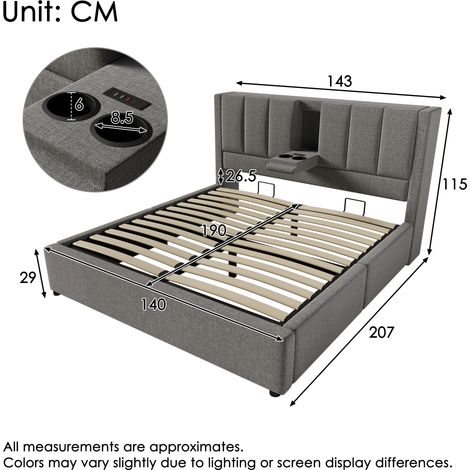 Lit double gris lin 140x190 cm avec station de recharge intégrée et porte-verre dissimulé, coffre de rangement sous le lit hydraulique, sommier à lattes inclus (sans matelas)