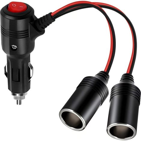 Adaptateur Double Prise Allume-Cigare - Interrupteur Marche/Arrêt - Indicateur LED Rouge - 12 V / 24 V - Pour Voiture et Moto - Noir