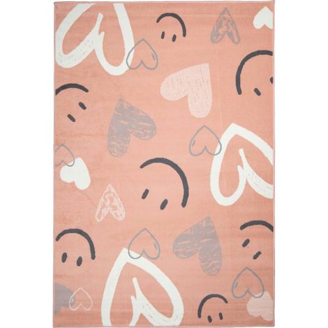 Tapis 200 x 290 cm, motif cœurs et smileys, design ludique et réconfortant, texture tissée douce, ambiance joyeuse pour intérieur chaleureux