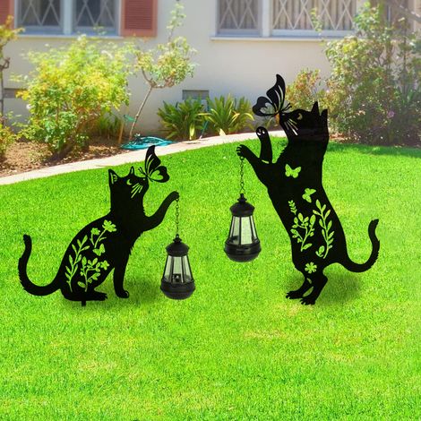 Lot de 2 lampes solaires à piquer en forme de chat ajouré, en fer étanche, pour la décoration de jardin. (1/5)