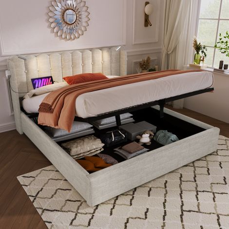FLORAGRACE Letto matrimoniale 160x200 in lino beige con luce da lettura, USB e vano contenitore, con rete e materasso (1/5)