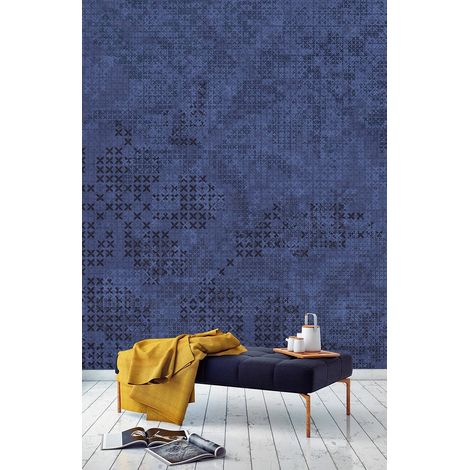 Papier peint panoramique salon et salle à manger | Tapisserie panoramique à motifs croix moderne | Papier peint panoramique design bleu et noir - 270 x 400 cm (4 pièces) (1/5)