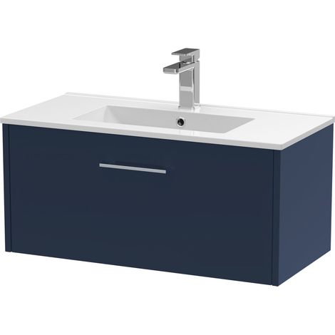 Winshill Contemporary 1 Drawer Wall Hung Vanity Unit with Minimalist Basin, Dark Blue, 800mm