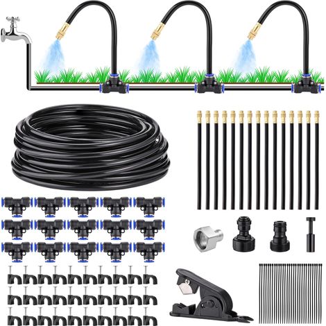 50 Fuß langes automatisches Tropfbewässerungsset – DIY-Gartenbewässerungssystem mit 15 um 360° verstellbaren zusammenklappbaren Messingnebeldüsen, Wasserhahnadapter, Schlauch