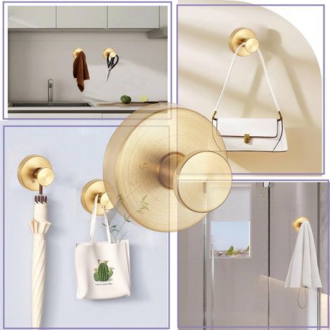 Lot de 2 crochets à ventouse sans perçage en acier inoxydable étanches et réutilisables pour salle de bain carrelage verre et serviettes couleur dorée (1/5)