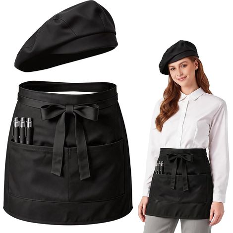 Tablier Serveur et Chapeau Set, Tablier Noir de Taille, Tabliers Cuisine Homme Femme, Tabliers Court Serveuse avec Longs Liens à Nouer, Demi Tablier Long pour Restauration Café Bistro Chef (1/5)