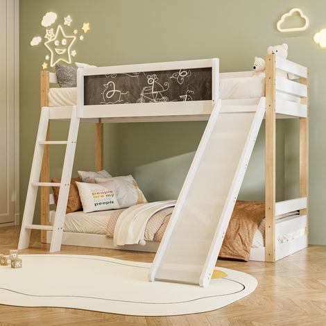 Lit superposé enfant 90x200 cm avec toboggan et escalier, bois blanc, certifié 747, protection antichute, sans matelas (1/5)