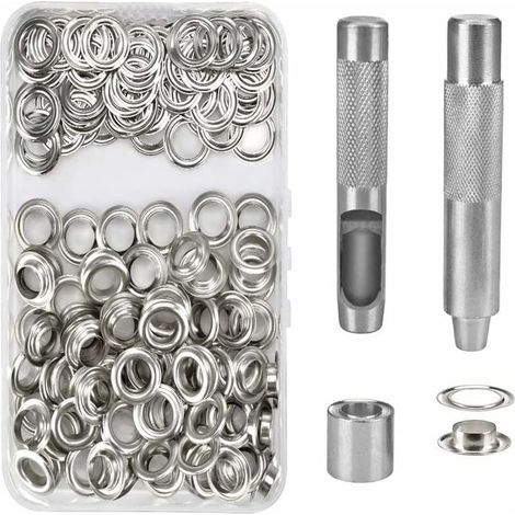 100 Kit de Grommets Eyelets Outils Metal Ensembles Oeillets 14mm Grommet Kit Oeillet pour Toile Bache Tente de Réparation Argent (1/5)