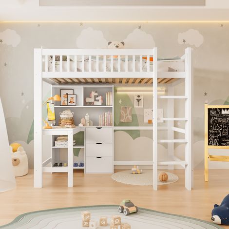 Cama alta 90x200 cm, con escritorio, varios compartimentos de almacenaje, escalerilla, madera de pino y MDF blanca (1/5)