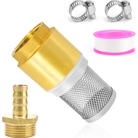 Vanne Non Retour Pompe, 3/4" Clapet Anti Retour, Filtre en Acier Inoxydable, Laiton Crépine Aspiration, avec Raccord Mâle 3/4" et Ruban Brut, pour Tuyau D'aspiration, Pompe (1/5)