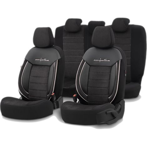 Komplettset Luxussitzbezüge OTOM – Textil mit Kunstleder, COMFORT LINE Design – schwarz mit weißer Naht, für Vorder- und Rücksit