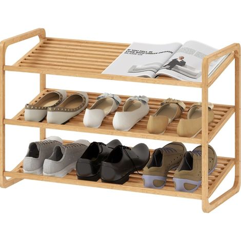 Étagère à chaussures en bambou 3 niveaux, rangement d’entrée incliné pour 9 à 12 paires, tablette d’appoint, structure stable 30 kg - CHICFURN (1/5)