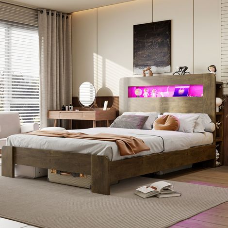 Lit moderne en bois aspect vintage 140x200 cm avec tête de lit rangement, LED et prises intégrées