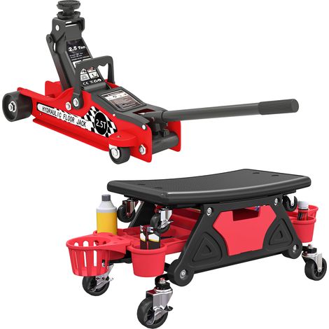 Ensemble de atelier auto - HOMCOM - tabouret d'atelier 135 kg, cric hydraulique 2.5 T - polyéthylène - 86x33x33cm- rouge noir (1/5)