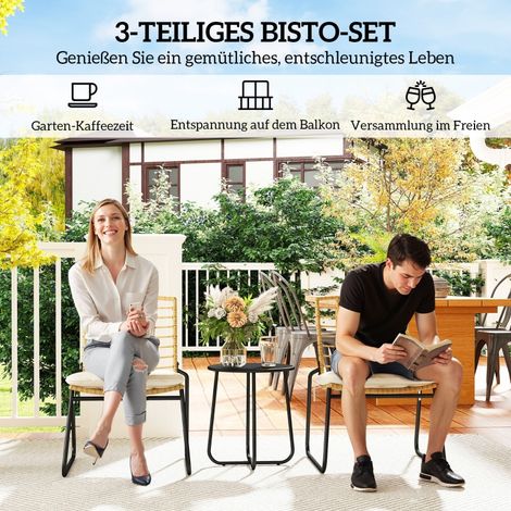 Salon de jardin en polyrattan pour deux personnes trois pièces, deux chaises empilables, table et coussins résistants aux intempéries pour terrasse beige et marron (1/4)