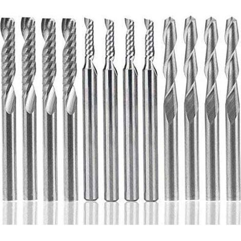 Set of 12 carbide router bits, 4 x 1/8" double flute CNC bits and 8 x single-flute bits (2 types) for nylon, resin, ABS, acrylic, PVC, MDF and wood. (1/4)