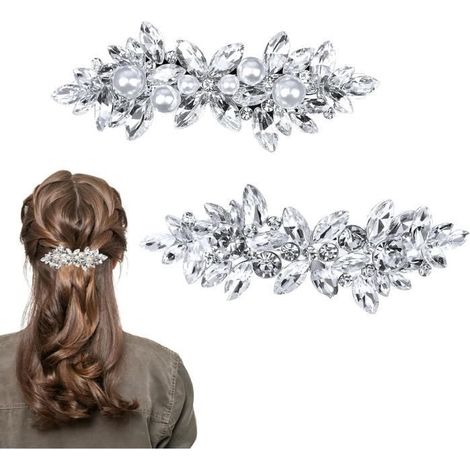 Barrette à Cheveux - Femme - Mariage - Argentée - Strass - Perles (1/4)