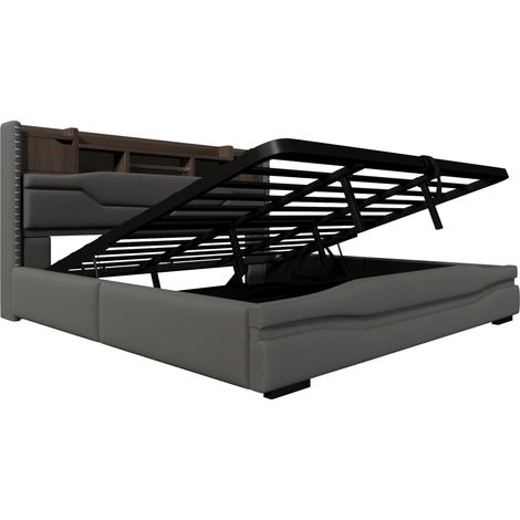 Letto contenitore grigio 180x200 cm con LED, USB e sollevamento idraulico HOMVRA (1/5)