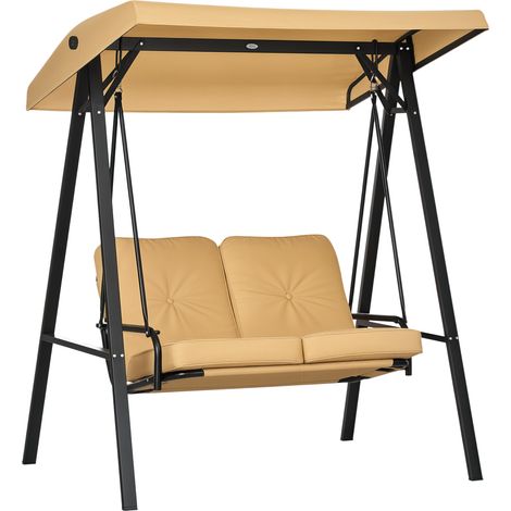 Hollywoodschaukel, 2-Sitzer Gartenschaukel mit verstellbarem Dach, bis 220 kg belastbar, 145 x 116 x 172 cm, Beige