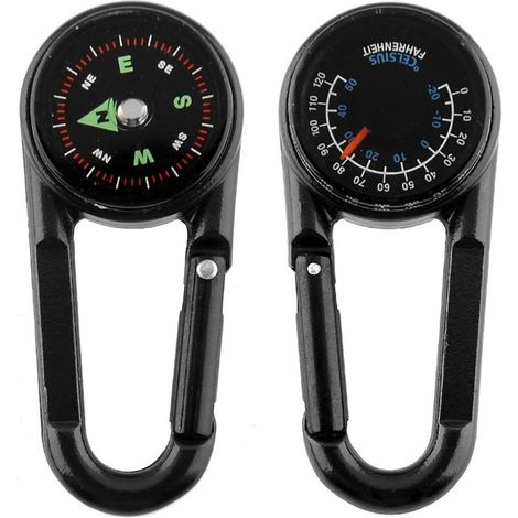 Enowelir Mousqueton Boussole + Boussole + Thermomètre, Boussole Portable Multifonctionnelle en métal pour Randonnée/Voyage/Camping, Professionnel 3 en 1 (Noir) (1/3)