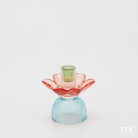 EDG Enzo De Gasperi Portacandela Flower in Vetro H 12,5 Cm D 12 Cm Blu Mix