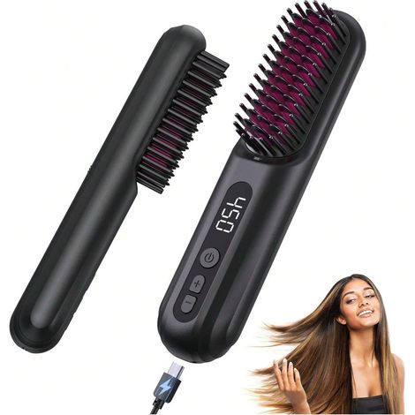Fer à lisser sans fil à ions négatifs, lisse-cheveux mini portable rechargeable USB-C, pince à boucler, peigne chauffant 30s, 10000mAh, 300M ions, coiffure douce, cadeau femme, voyage léger. (1/5)