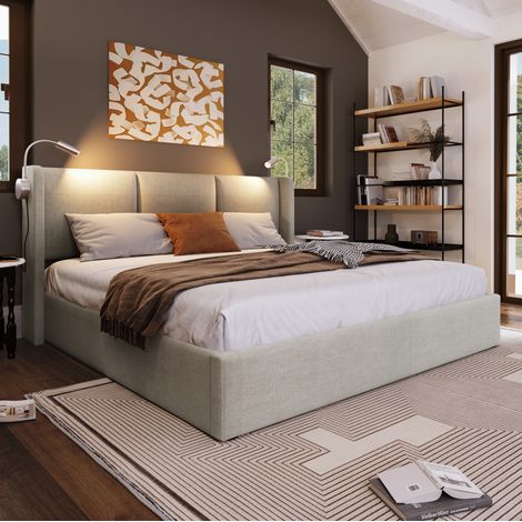 Lit coffre rembourré 140x200 cm en lin beige avec tête de lit, liseuse USB, sommier à lattes et rangement relevable (1/5)