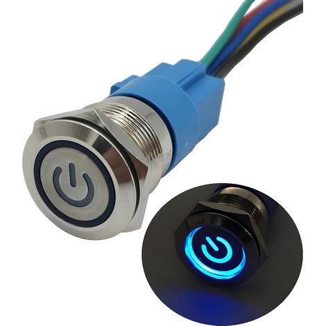 19mm 12V Verrouillage Bouton-poussoir, Symbole d'alimentation avec source lumineuse LED Démarrage Bouton Commutateur Bouton Auto-bloquant en Acier Inoxydable Interrupteur Etanche (Bleu) (1/5)