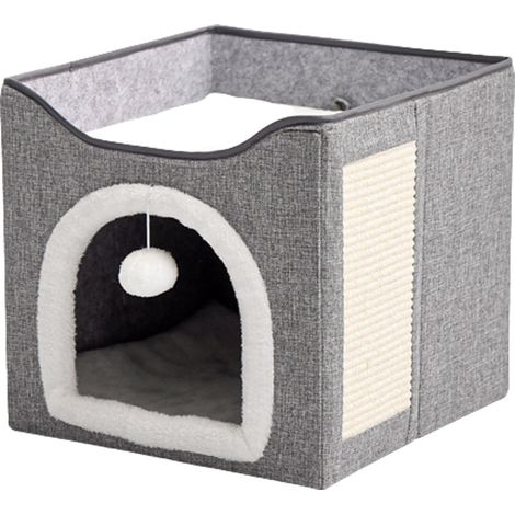 Casa para gatos de doble capa, plegable, suave y esponjosa, transpirable, ligera, material MDF/terciopelo/lino, gris oscuro/blanco (1/5)