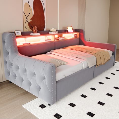 Letto divano 90x200 cm grigio chiaro in velluto, contenitore idraulico e LED (1/4)