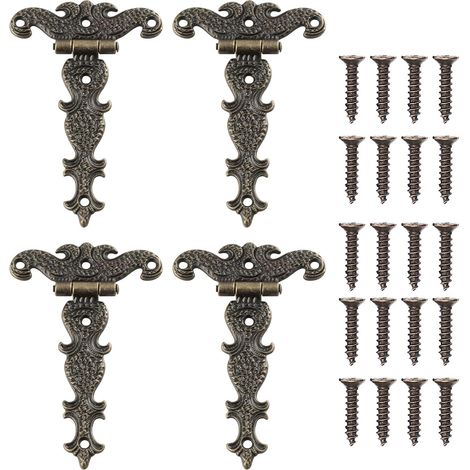 Lot de 4 charnières rétro, charnières décoratives en bronze rétro avec vis de fixation, adaptées à la décoration et à la réparation de meubles, armoi