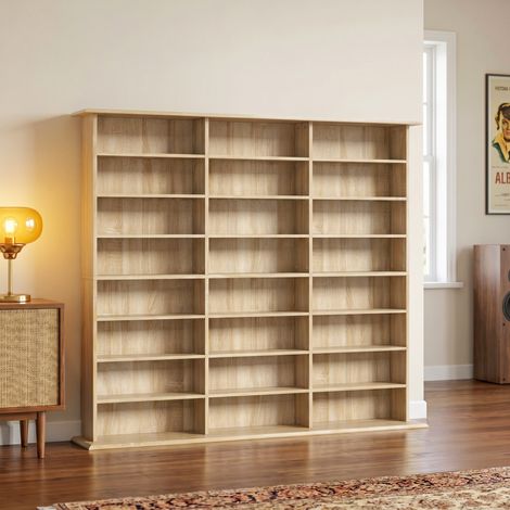 Meuble de rangement 1032 CDs / 594 DVDs, étagère multimédia, 24 compartiments et 18 étagères ajustables, chêne (1/5)