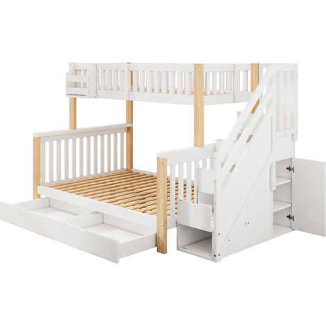 CAIziLit superposé pour enfants, lit double multifonction avec panier de rangement, tiroir, armoire d’escalier et meuble de rangement, sans matelas, blanc + naturel