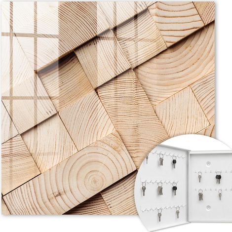 Armoire à clés - (30 cm x 30 cm) - Boîte à clés murale - Coffret de rangement pour clés - Couleur blanche - Ouverture vers la gauche - Pour maison et bureau - texture bois (1/5)