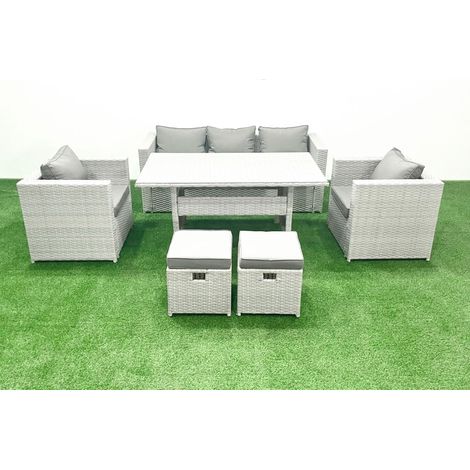 Fimous Gartenmöbel-Set aus Rattan mit Sofa Esstisch 2 Sesseln 2 kleine Fußhockern Hellgrau gemischt