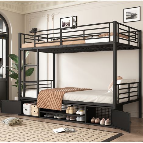 Etagenbett 90x200 cm Schwarz aus Metall mit Leiter, Fallschutz und integriertem Schuhregal (1/5)