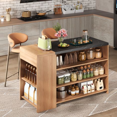 Isola cucina 140/60/90 cm in look marmo nero e rovere con spazio contenitore e cassetto nascosto (1/5)