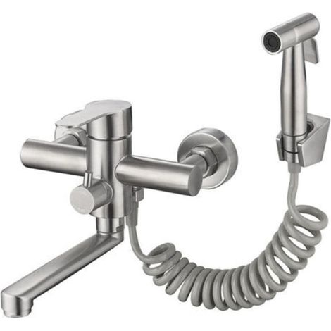 Wall-mounted kitchen faucet with spray gun and 2 types of water spray nozzles, 360° swivel spout (1/5)