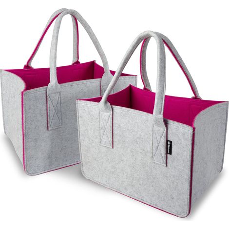 Lot de 2 Sacs de Courses en Feutre - Grand Panier Pliable avec Anse pour Bois de Cheminée - Sac de Transport Polyvalent, Gris/Magenta, 40 x 27 x 27 (1/2)