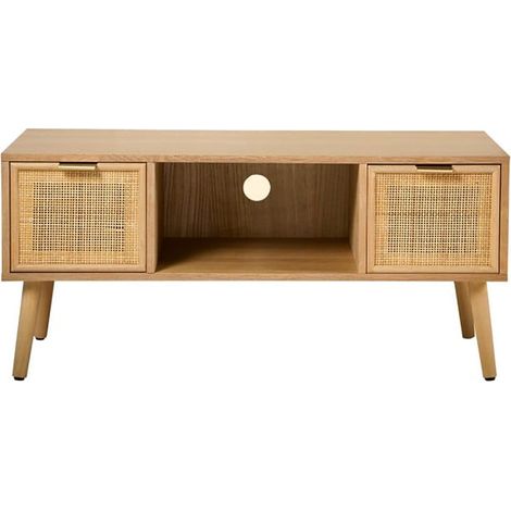 Calicosy – Meuble TV 2 tiroirs en rotin naturel – Longueur 100 cm – Pieds en pin massif – Niche centrale L40,5 cm x P38,5 cm x H22 cm (1/5)