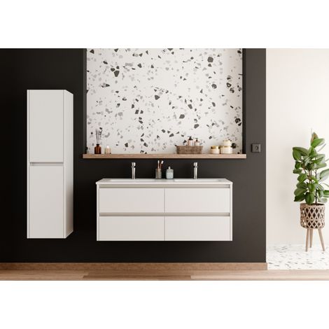 Sanitaire – Meuble sous vasque simple 120cm – Blanc brillant – Panneaux de particules 18mm – 2 tiroirs soft closing – Design moderne pour salle de bain (1/5)