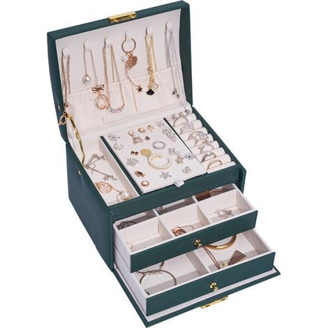 Jewelry Box for Women, Jewelry Storage Box, Travel Jewelry Box with 2 Drawer Locks for Rings, Bracelets, Earrings, Necklaces, Gifts, Velvet Interior, Best Gifts for Women (White)